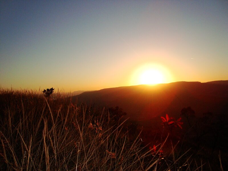 Sun Setting over Hills — Orange, Serene, Sunset, Photograph, Grass