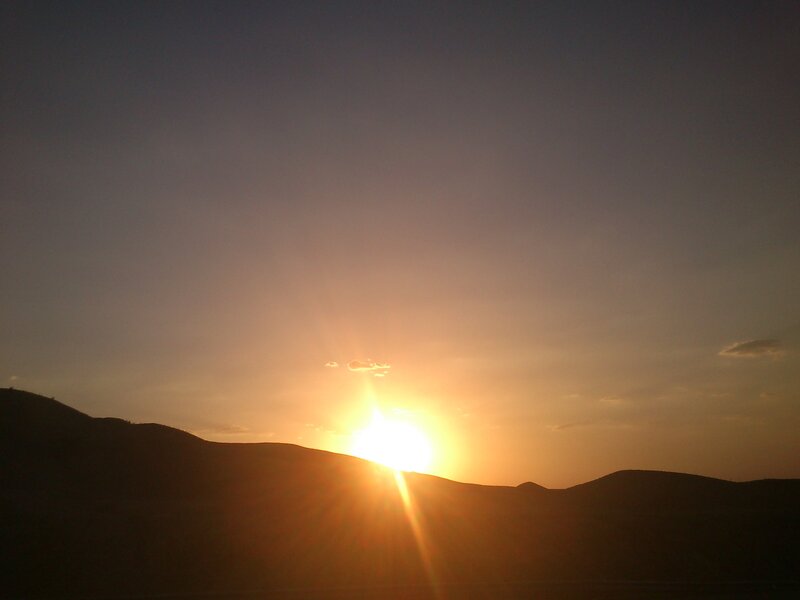 Sun Setting over Hills — Orange, Serene, Sunset, Photograph, Sky, Clouds, Brown