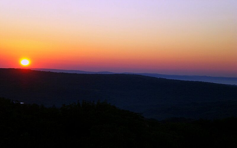 Sun Setting over Hills — Orange, Serene, Sunset, Photograph, Sky, Purple