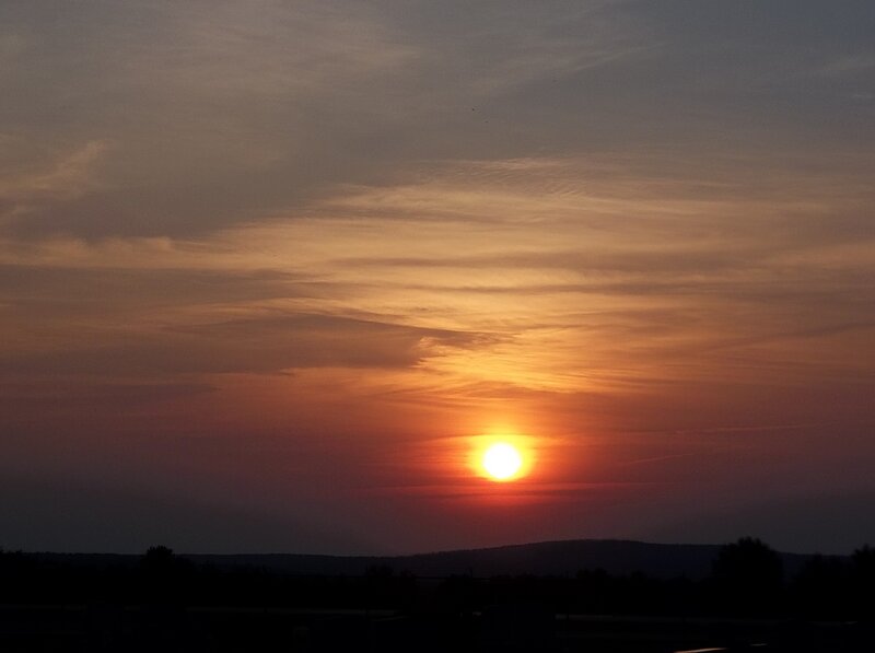 Sun Setting over Hills — Orange, Serene, Sunset, Photograph