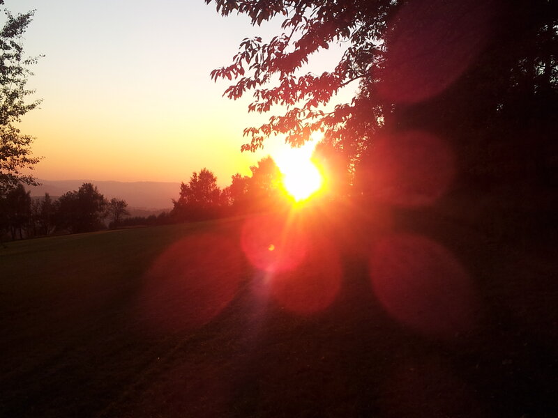 Sun Setting over Hills — Orange, Serene, Sunset, Photograph, Trees