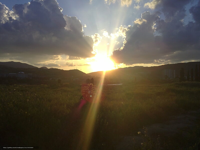 Sun Setting over Hills — Yellow, Dramatic, Sunset, Photograph, Clouds