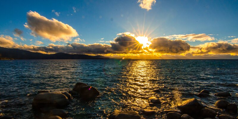Sun Setting over Lake — Blue, Dramatic