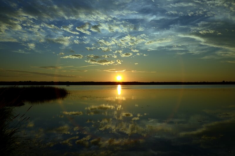Sun Setting over Lake — Blue, Serene, Sunset, Photograph, Clouds, Water