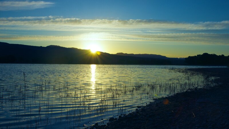 Sun Setting over Lake — Blue, Serene, Sunset, Photograph, Mountains, Sky