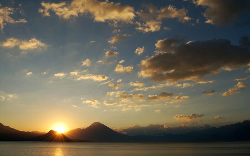 Sun Setting over Lake — Blue, Serene, Sunset, Photograph, Mountains