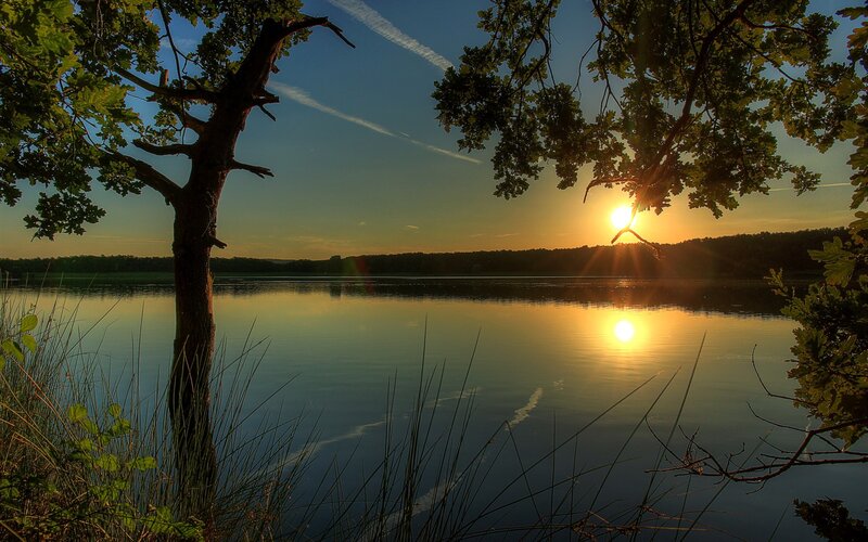 Sun Setting over Lake — Blue, Serene, Sunset, Photograph, Tree, Sky