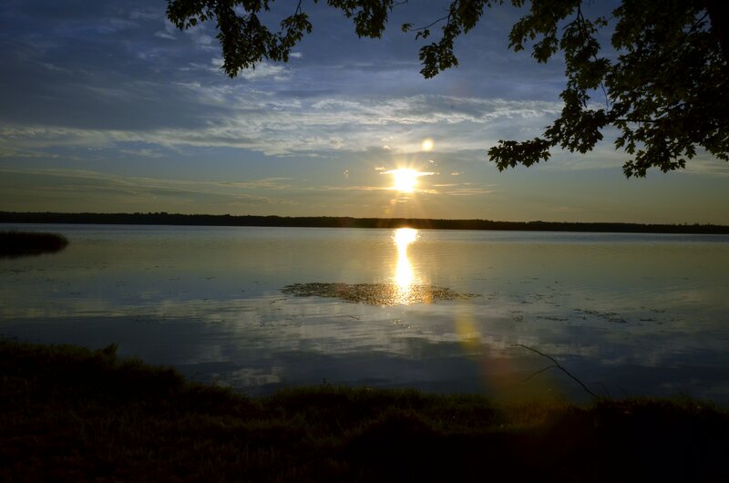 Sun Setting over Lake — Blue, Serene, Sunset, Photograph, Trees, Sky