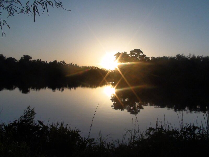 Sun Setting over Lake — Blue, Serene, Sunset, Photograph, Trees