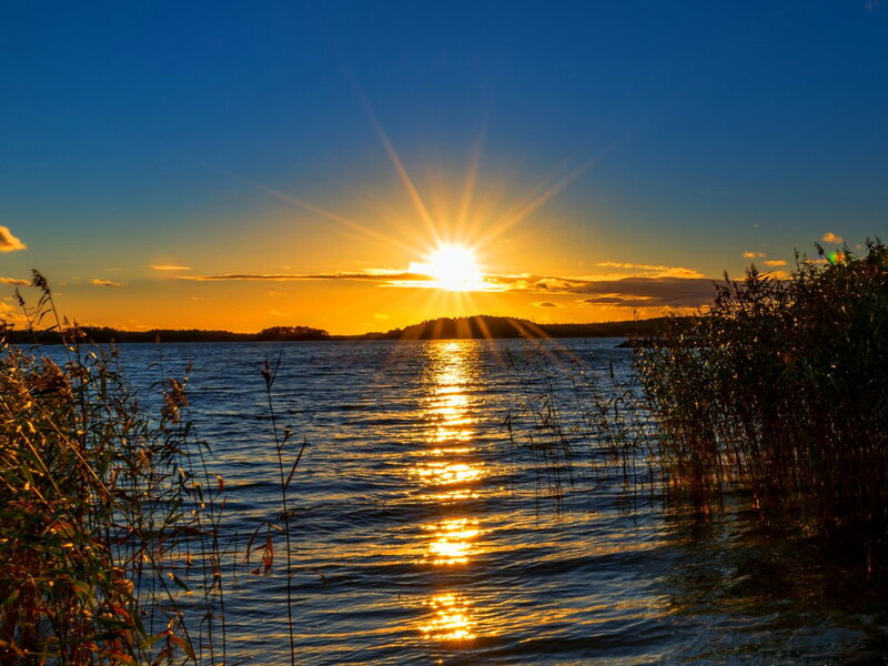 Sun Setting over Lake — Blue, Serene, Sunset, Photograph, Water