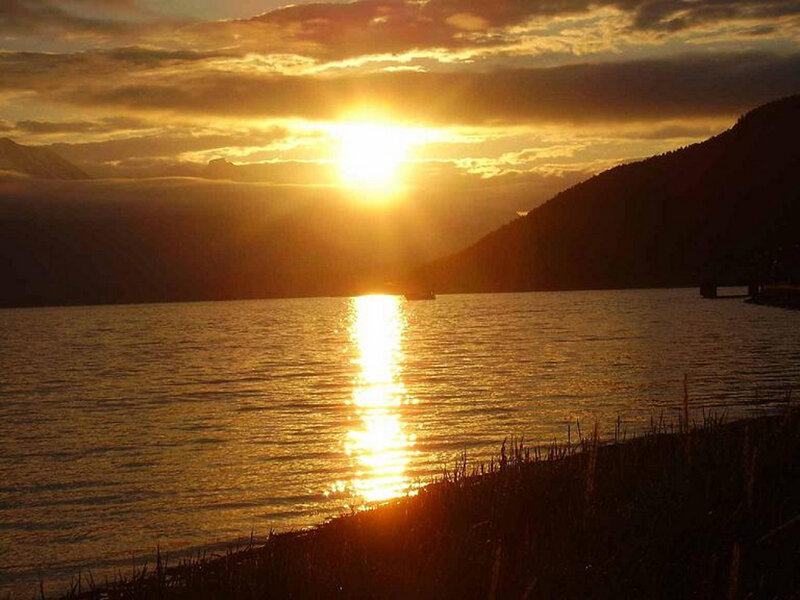 Sun Setting over Lake — Gold, Serene, Sunset, Photograph, Mountains, Sky