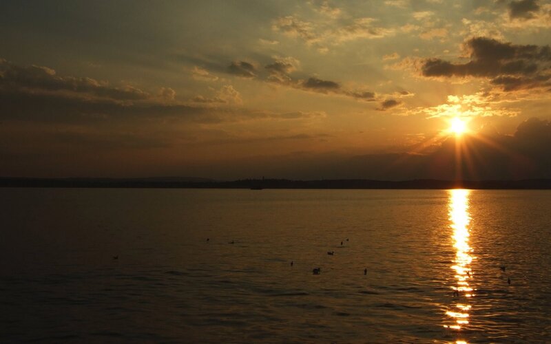 Sun Setting over Lake — Gold, Serene, Sunset, Photograph