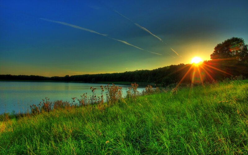 Sun Setting over Lake — Green