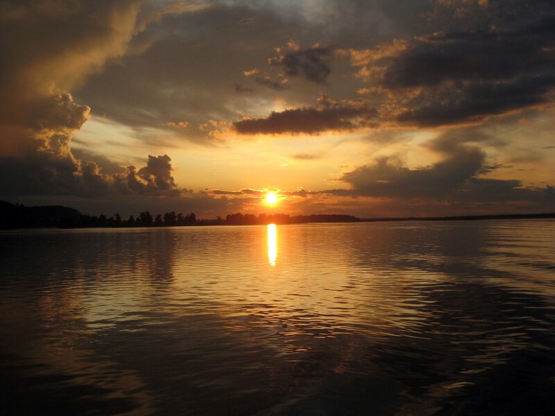 Sun Setting over Lake — Orange, Dramatic, Sunset, Photograph, Clouds