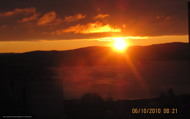 Sun Setting over Lake — Orange, Dramatic, Sunset, Photograph, Mountains