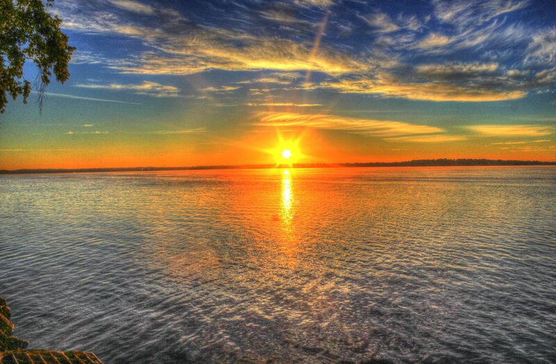 Sun Setting over Lake — Orange, Dramatic, Sunset, Photograph