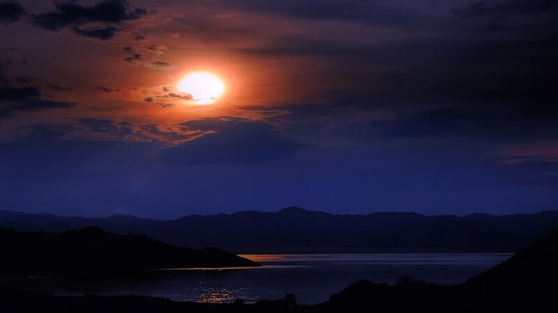 Sun Setting over Lake — Orange, Dramatic