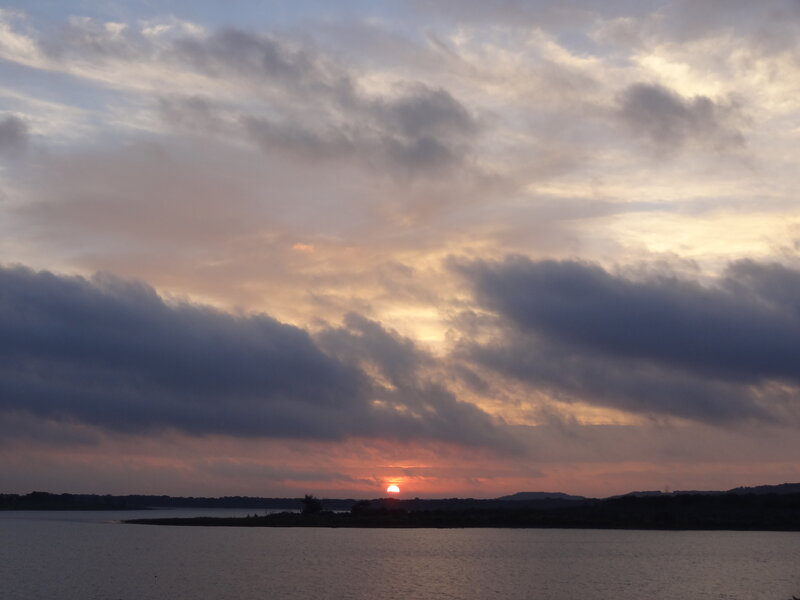 Sun Setting over Lake — Orange, Serene, Sunset, Photograph, Clouds
