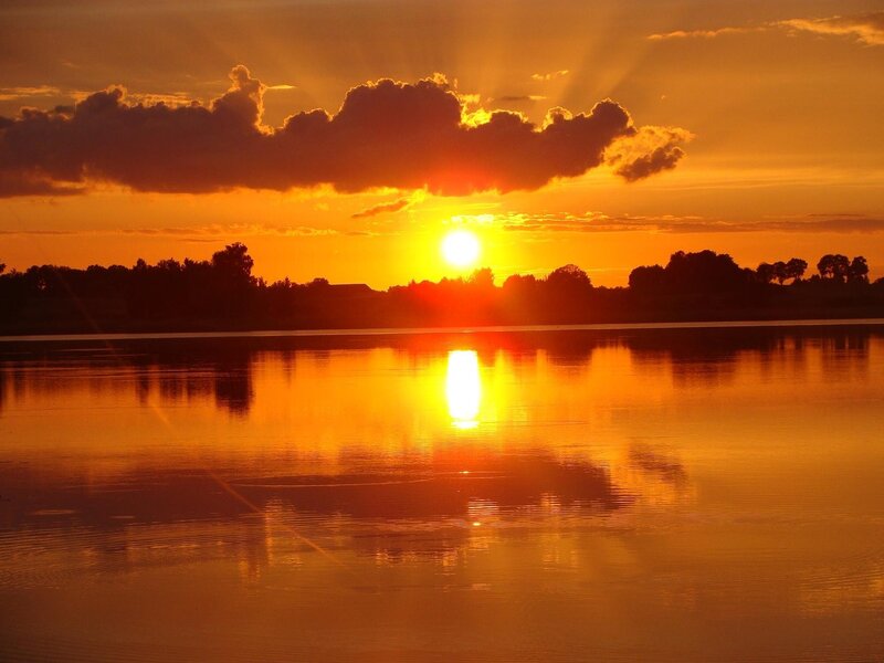 Sun Setting over Lake — Orange, Serene, Sunset, Photograph, Clouds, Trees, Reflection