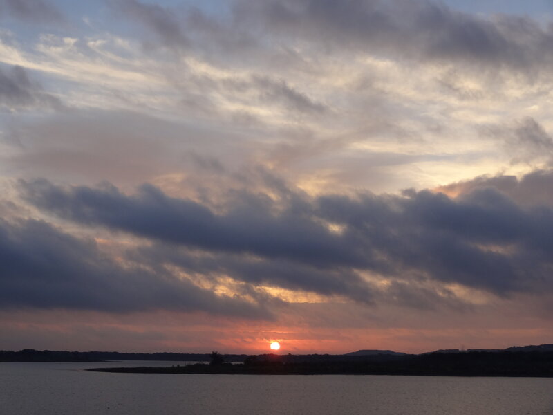 Sun Setting over Lake — Orange, Serene, Sunset, Photograph, Clouds, Water