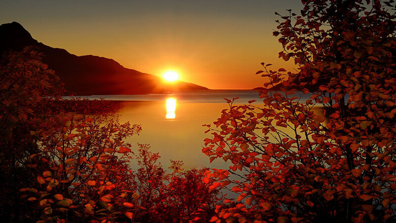 Sun Setting over Lake — Orange, Serene, Sunset, Photograph, Mountain