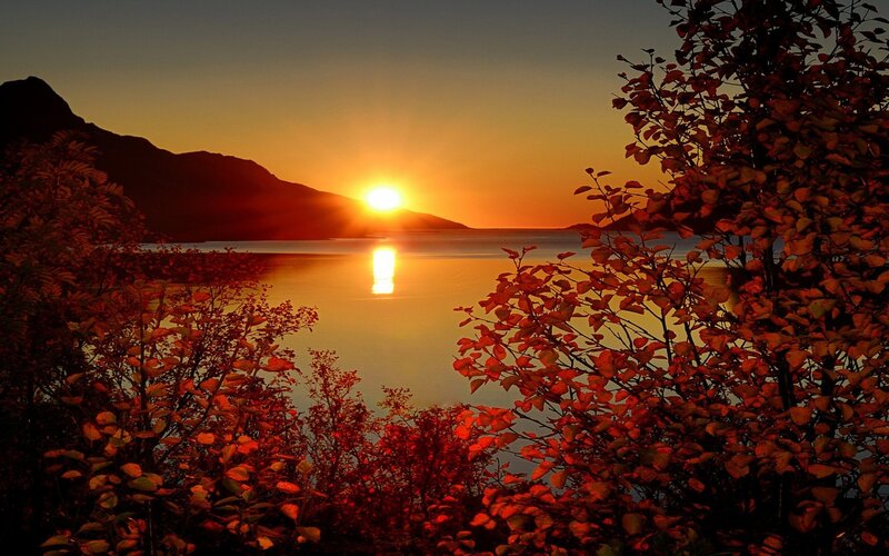 Sun Setting over Lake — Orange, Serene, Sunset, Photograph, Mountain, Trees, Reflection