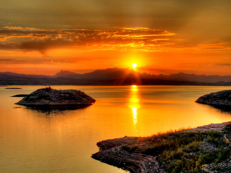 Sun Setting over Lake — Orange, Serene, Sunset, Photograph, Mountains