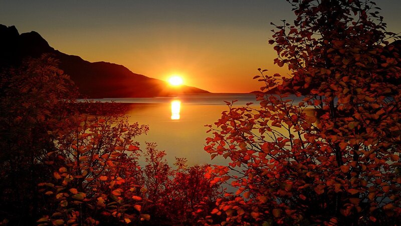 Sun Setting over Lake — Orange, Serene, Sunset, Photograph, Mountains, Trees, Reflection