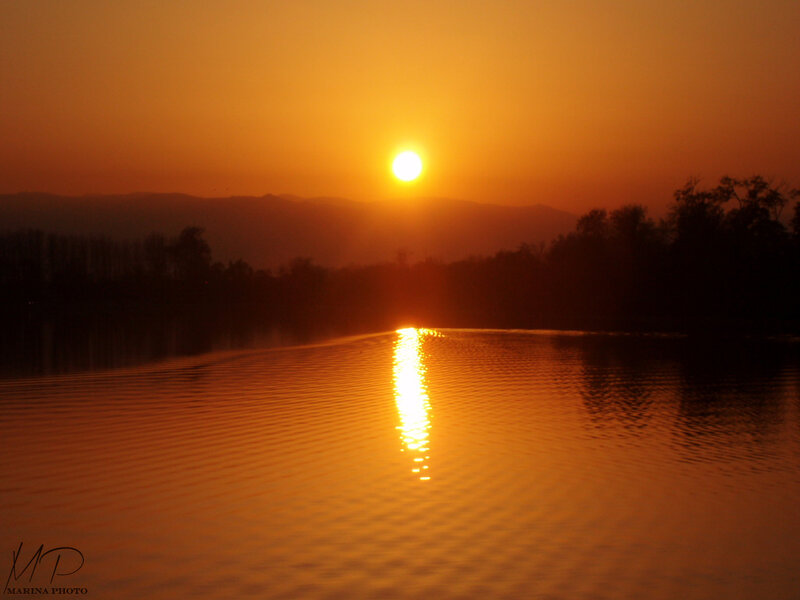 Sun Setting over Lake — Orange, Serene, Sunset, Photograph, Mountains, Trees