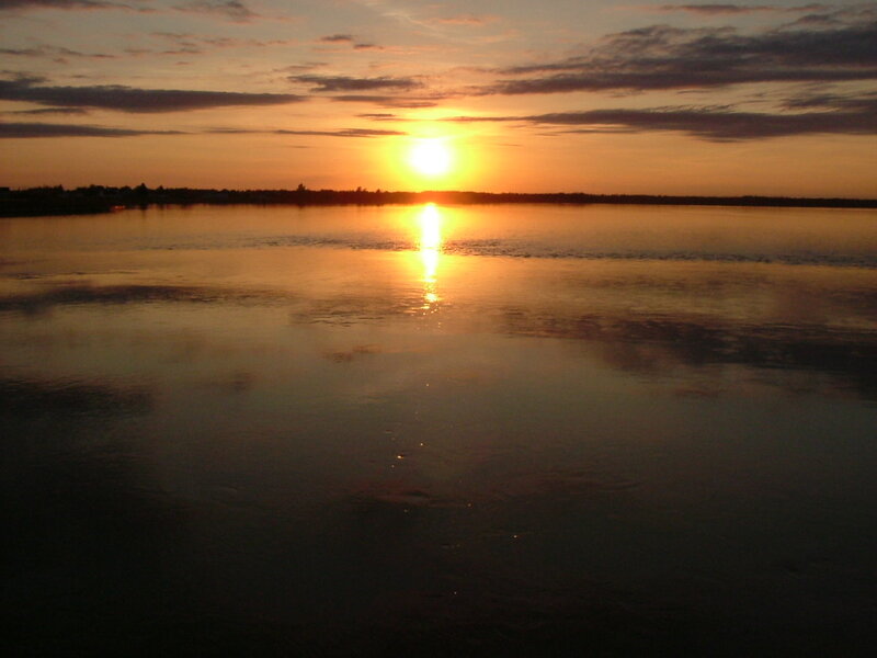 Sun Setting over Lake — Orange, Serene, Sunset, Photograph, Sky, Clouds