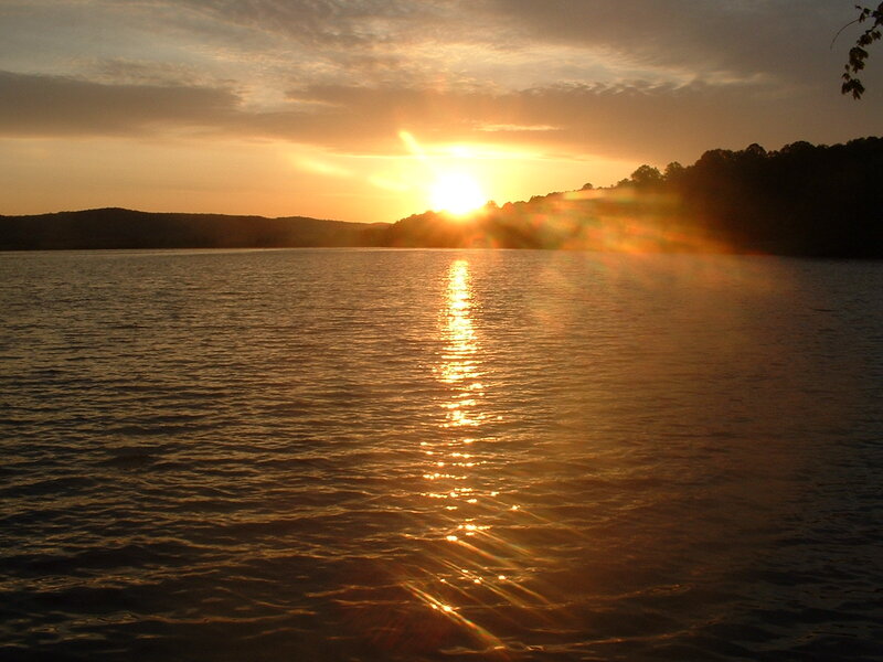 Sun Setting over Lake — Orange, Serene, Sunset, Photograph, Sky, Trees