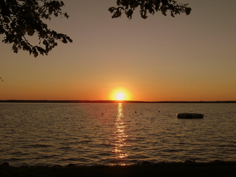 Sun Setting over Lake — Orange, Serene, Sunset, Photograph, Tree Branches