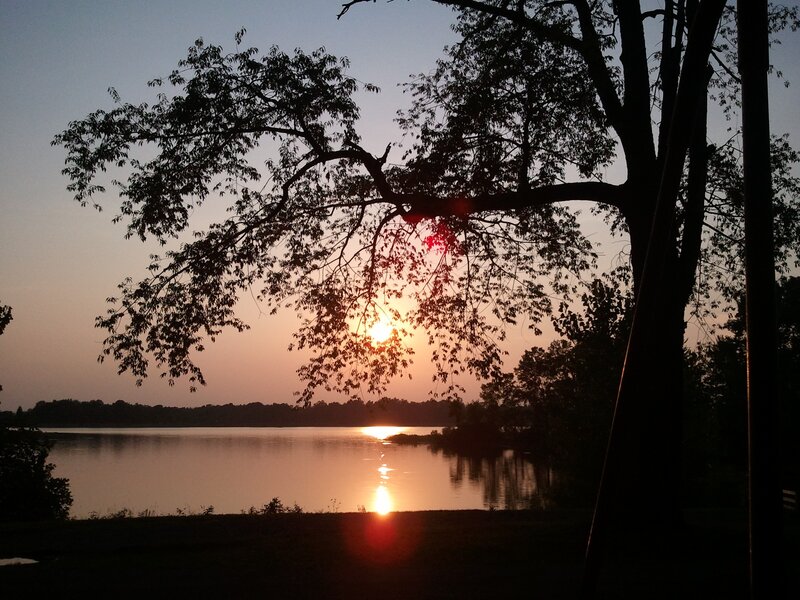 Sun Setting over Lake — Orange, Serene, Sunset, Photograph, Tree, Purple