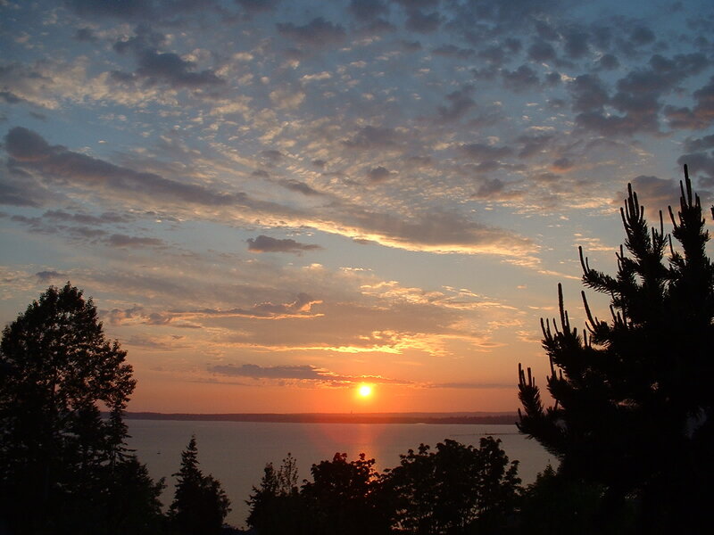 Sun Setting over Lake — Orange, Serene, Sunset, Photograph, Trees, Clouds, Water