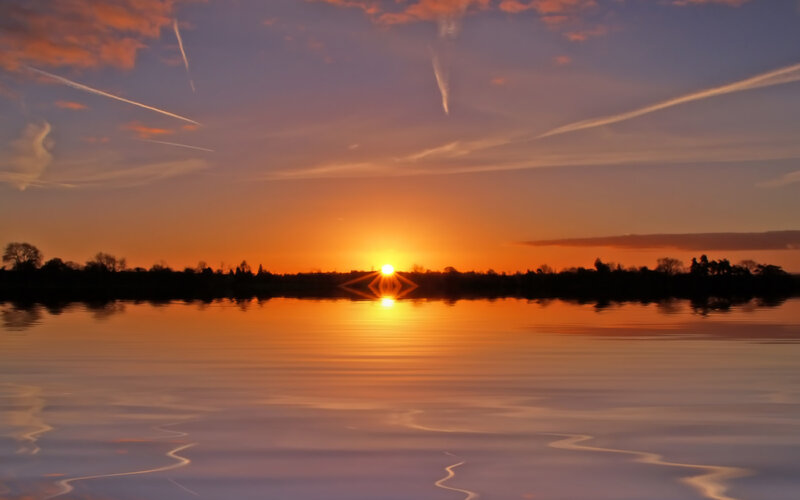 Sun Setting over Lake — Orange, Serene, Sunset, Photograph, Trees, Sky, Clouds