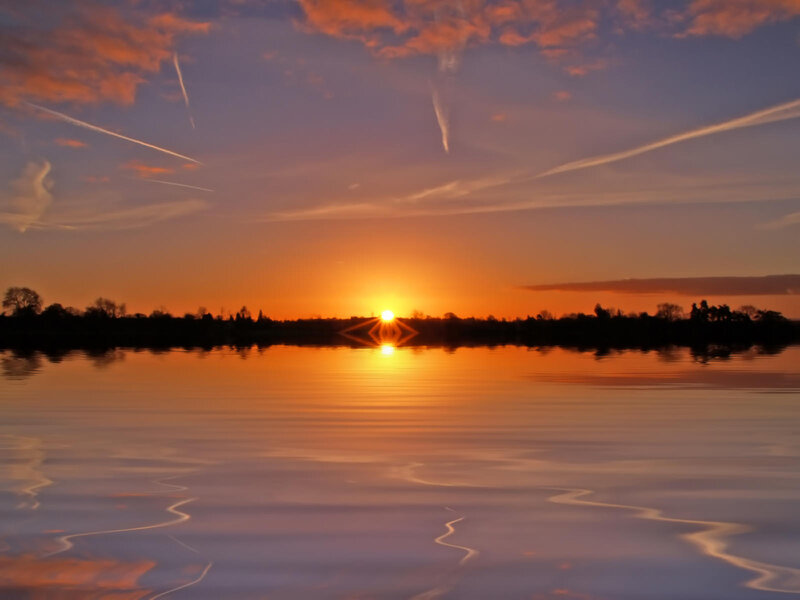 Sun Setting over Lake — Orange, Serene, Sunset, Photograph, Trees, Sky