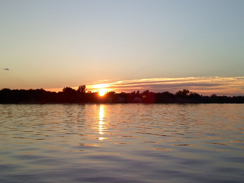 Sun Setting over Lake — Orange, Serene, Sunset, Photograph, Trees