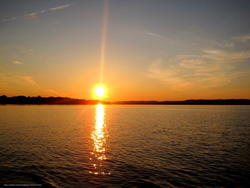 Sun Setting over Lake — Orange, Serene, Sunset, Photograph, Water