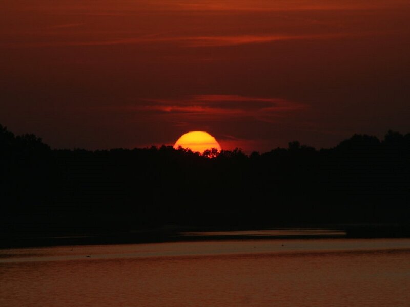 Sun Setting over Lake — Red, Dramatic, Sunset, Photograph
