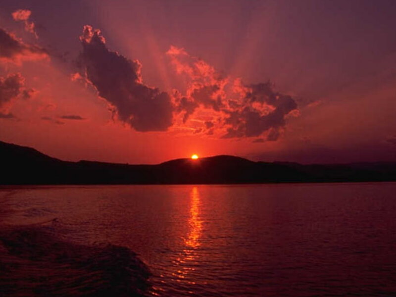 Sun Setting over Lake — Red, Dramatic, Sunset