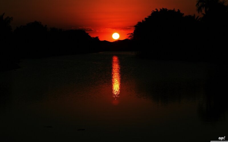 Sun Setting over Lake — Red, Serene, Sunset