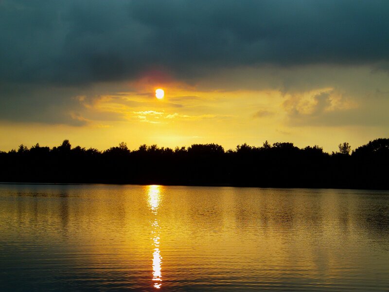 Sun Setting over Lake — Yellow, Serene, Sunset, Photograph, Clouds