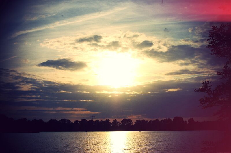Sun Setting over Lake — Yellow, Serene, Sunset, Photograph, Clouds, Trees