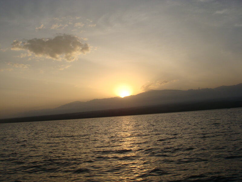 Sun Setting over Lake — Yellow, Serene, Sunset, Photograph, Mountains, Clouds