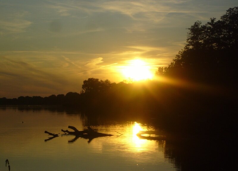 Sun Setting over Lake — Yellow, Serene, Sunset, Photograph