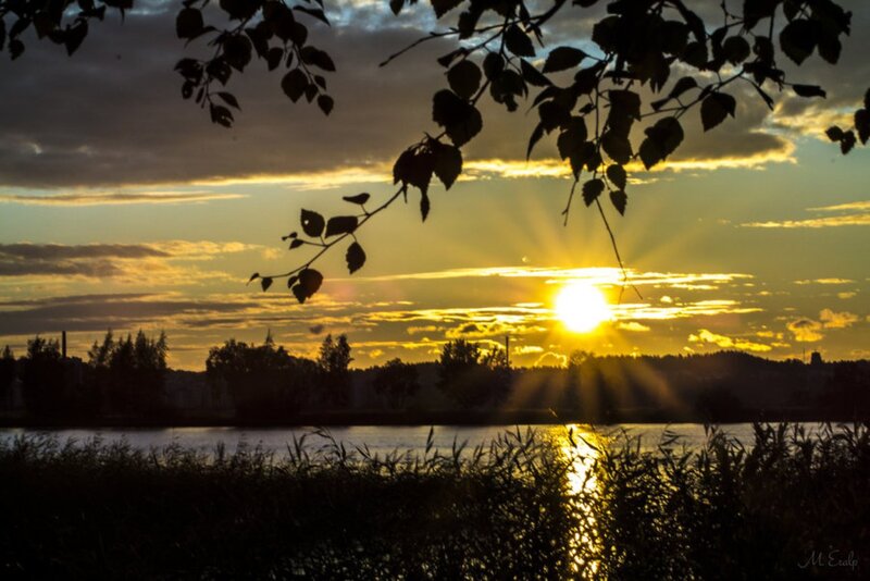 Sun Setting over Lake — Yellow, Serene, Sunset, Photograph, Trees, Clouds