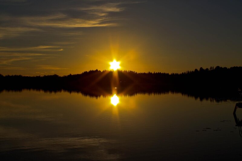 Sun Setting over Lake — Yellow, Serene, Sunset, Photograph, Trees