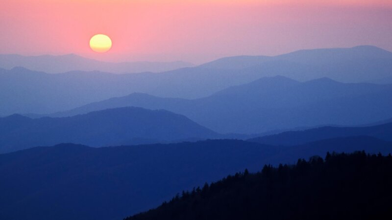 Sun Setting over Mountains — Blue, Serene, Sunset