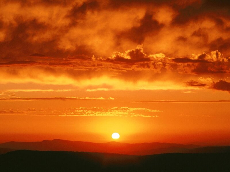 Sun Setting over Mountains — Orange, Dramatic, Sunset, Photograph, Clouds, Red, Yellow