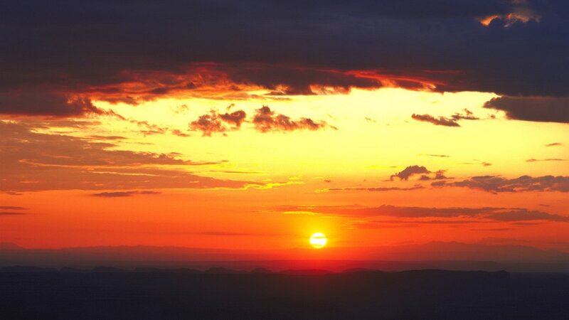 Sun Setting over Mountains — Orange, Dramatic, Sunset, Photograph, Clouds, Sky